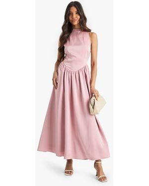 Boohoo Premium Satin High Neck Volume Midaxi Dress - Pink