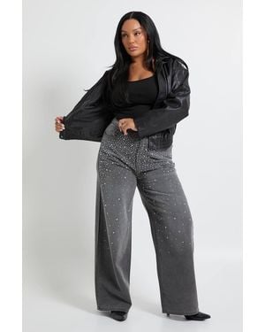Boohoo Plus Embellished High Waist Straight Leg Jean - Black