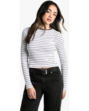 Boohoo Stripe Rib Long Sleeve Top - White
