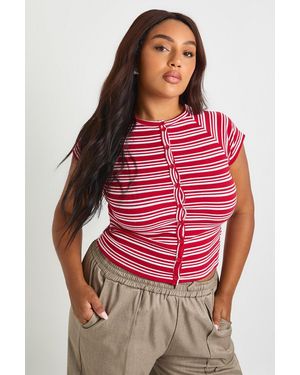 Boohoo Plus Button Down Stripe Cap Sleeve Top - Red