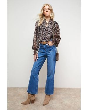 Oasis Printed Tie Neck Ruffle Detail Chiffon Blouse - Blue