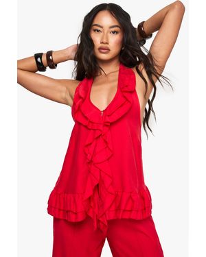 Boohoo Top De Tela Fruncido Con Volante Y Botones - Rojo