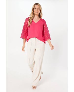 Wallis Lace Trim Asymmetric Hem Top - Red