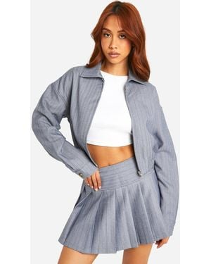 Boohoo Premium Pinstripe Relaxed Fit Bomber Jacket - Blue