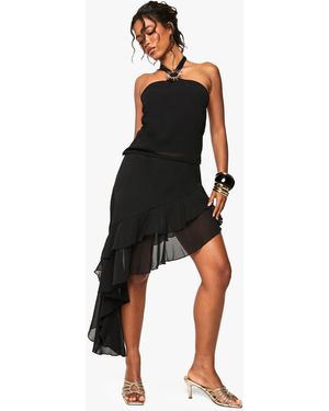 Boohoo Falda Asimétrica De Chifón Lisa Con Volante - Negro
