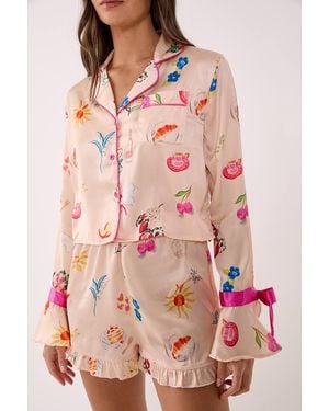 Nasty Gal Satin Conversational Contrast Tie Cuff Ruffle Pajama Shorts Set - Pink