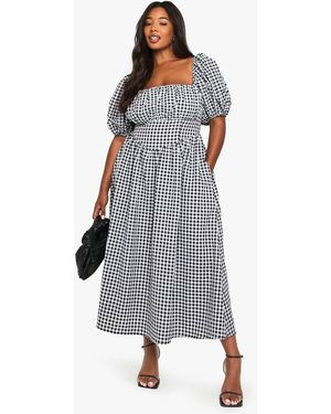 Boohoo Plus Puff Sleeve Gingham Sleeved Shirred Milkmaid Dress - Gray