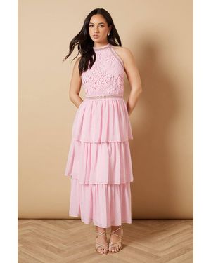 Oasis Lace Tiered Halterneck Midi Dress - Pink