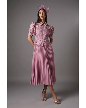Coast Lace Top Pleat Skirt Jewel Button Dress - Gray