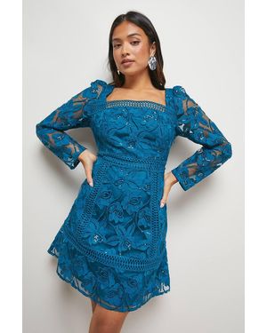 Oasis Petite Lace Trim Detail Mini Dress - Blue