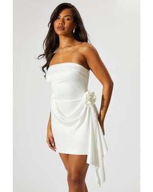 MissPap Satin Bandeau Corsage Flower Mini Dress - White