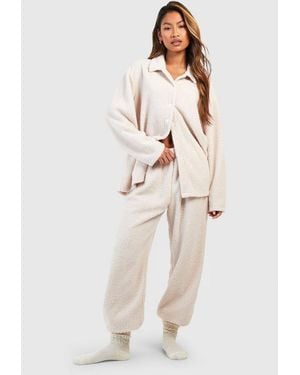 Boohoo Fluffy Loungewear Fleece Jogger - Natural