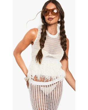 Boohoo Tassel Hem Crochet Knitted Top - White