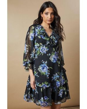 Oasis Ruffle Neckline Chiffon Mini Dress - Blue