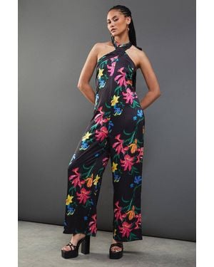 Warehouse Floral Satin Halterneck Jumpsuit - Gray