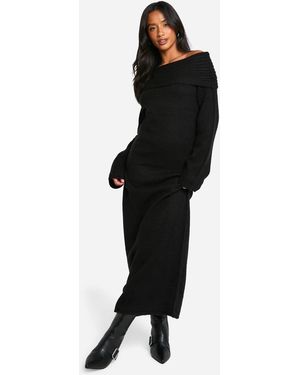 Boohoo Petite Premium Oversized Rib Bardot Neckline Soft Knit Sweater Dress - Black