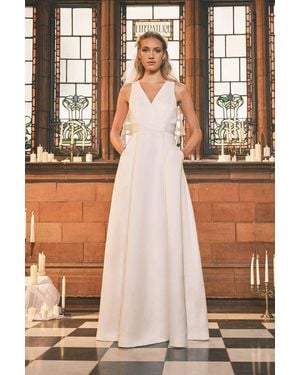 Coast Satin Plunge V Neck Maxi Wedding Dress With Back Bow Detail - White