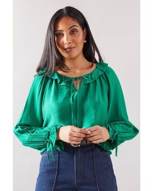 Wallis Petite Viscose Linen Ruffle Blouse - Green