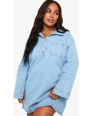 Boohoo Plus Collared V Neck Denim Dress - Blue