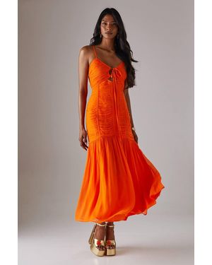 Warehouse Chiffon Gathered Channel Strappy Midi Dress - Orange