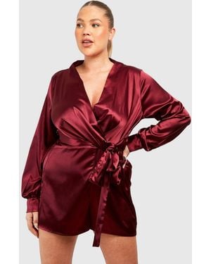 Boohoo Plus Satin Wrap Pleated Flippy Playsuit - Red