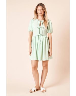 Dorothy Perkins Pin Spot Bow Tie Front Puff Sleeve Jersey Mini Dress - Blue