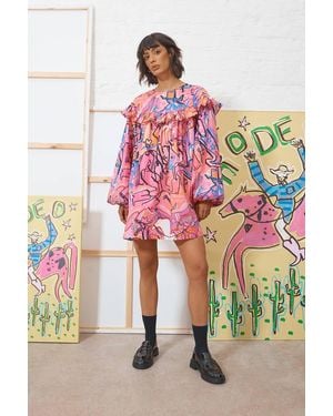 Warehouse Tony Rodeo Cotton Frill Yoke Mini Smock Dress - Pink