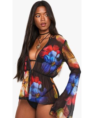 Boohoo Bold Floral Tie Front Beach Top - Azul