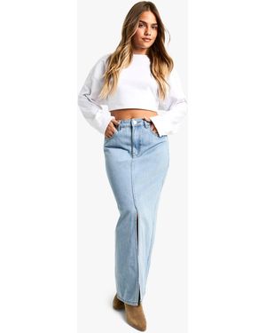 Boohoo Petite Light Wash Split Front Denim Midaxi Skirt - Blue