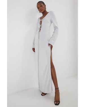 MissPap Premium Satin Tie Front Long Sleeve Maxi Dress - Gray