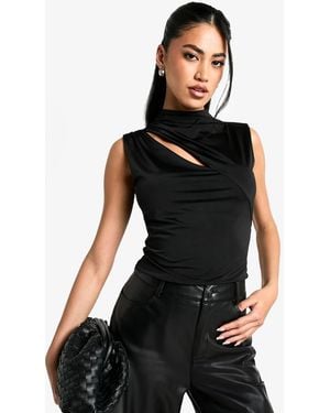 Boohoo Slinky High Neck Cut Out Detail Drape Neck Top - Black