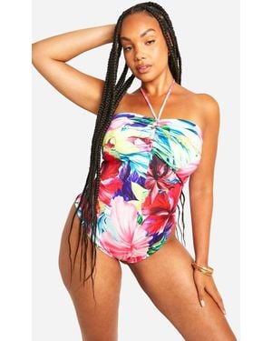 Boohoo Plus Ruched Front Bandeau Swimsuit - Red