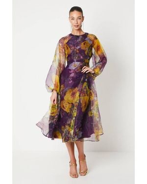 Coast Organza Wrap Waist Puff Sleeve Midi Dress - Red
