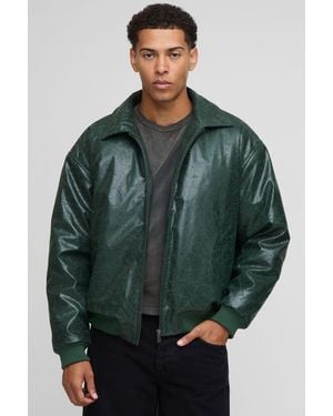 Boohoo Oversized Creased Pu Collared Bomber Jacket - Verde
