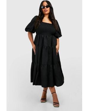 Boohoo Plus Tiered Shirred Midaxi Smock Dress - Black