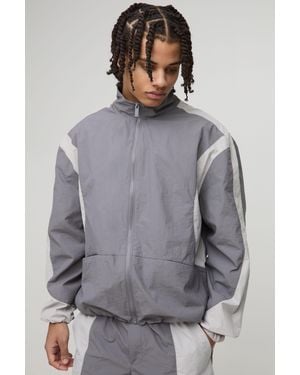 BoohooMAN Regular Fit Ripstop Color Block Funnel Neck Track Jacket - Gray