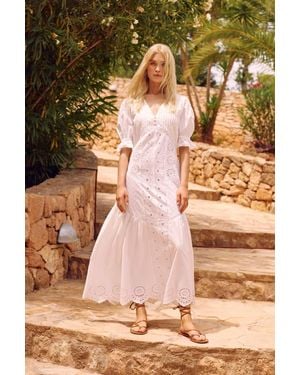 Warehouse Mixed Broderie Button Front Puff Sleeve Maxi Dress - White