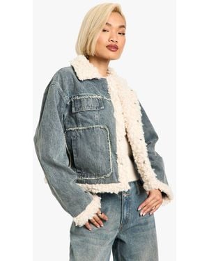 Boohoo Teddy Trim Denim Jacket - Blue