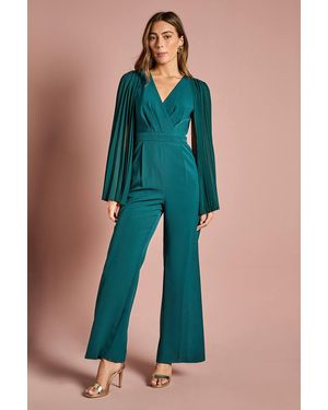 Coast V Neck Pleated Long Sleeve Jumpsuit - Blue