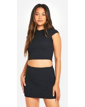 Boohoo Textured Cap Sleeve Lettuce Hem Top - Black