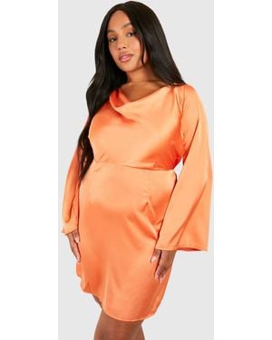 Boohoo Plus Textured Cowl Flared Sleeve Mini Dress - Orange