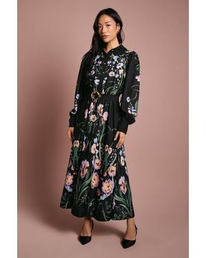 Coast Long Sleeve Placement Print Shirt Dress With Lace Trims - Black
