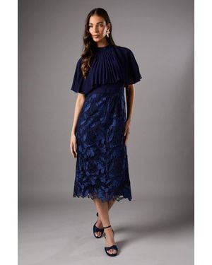 Coast Pleated Detail Midi Dress With Lace Skirt - Blue