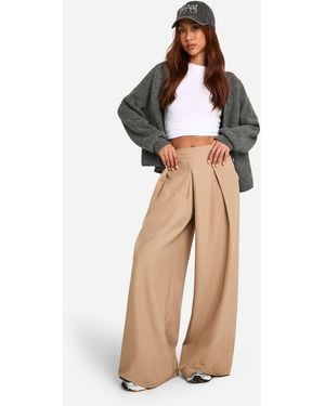 Boohoo Marl Pleat Front Wide Leg Tailored Pants - Natural