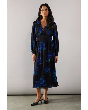 Wallis Floral Print Pin Tuck Detail Zip Midi Dress - Blue
