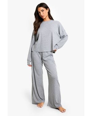 Boohoo Pijama Petite De Pantalón Largo Y Tela Jersey Con Rayas - Gris