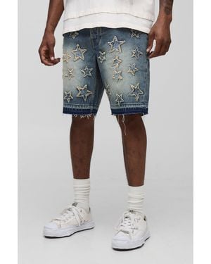 Boohoo Tall Slim Fit Star Applique Let Down Hem Denim Shorts - Blue