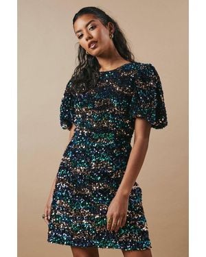 Oasis Petite Occasion Puff Sleeve Sequin Mini Dress - Blue