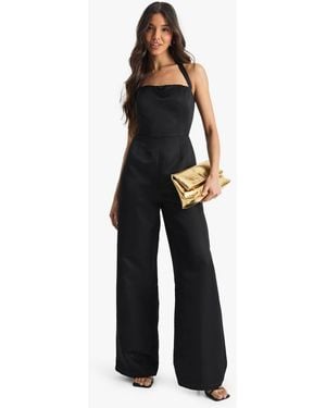 Boohoo Premium Satin Halterneck Wide Leg Jumpsuit - Blue
