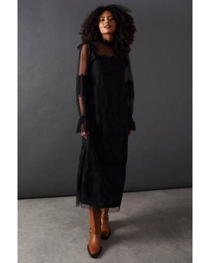 Warehouse Lace Dobby Ruffle Neck Midi Smock Dress - Black